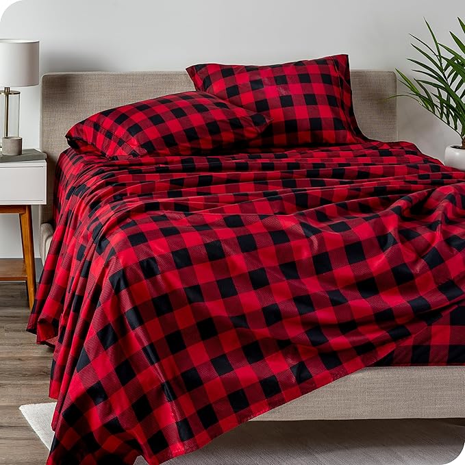Bare Home Full Sheet Set - Luxury 1800 Ultra-Soft Microfiber Double Brushed - Deep Pockets - 4 Piece Set - Bedding Sheets & Pillowcases (Full, Buffalo Plaid - Red/Black)
