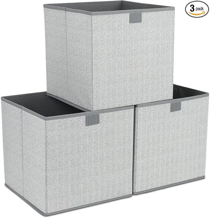 DAYARD Fabric Bins [3-Pack], Foldable Cube Baskets Storage Boxes for Shelves, Closet, Bookshelf, Nursery Organizer Containers, 12 x 12 x 12 inch Grey