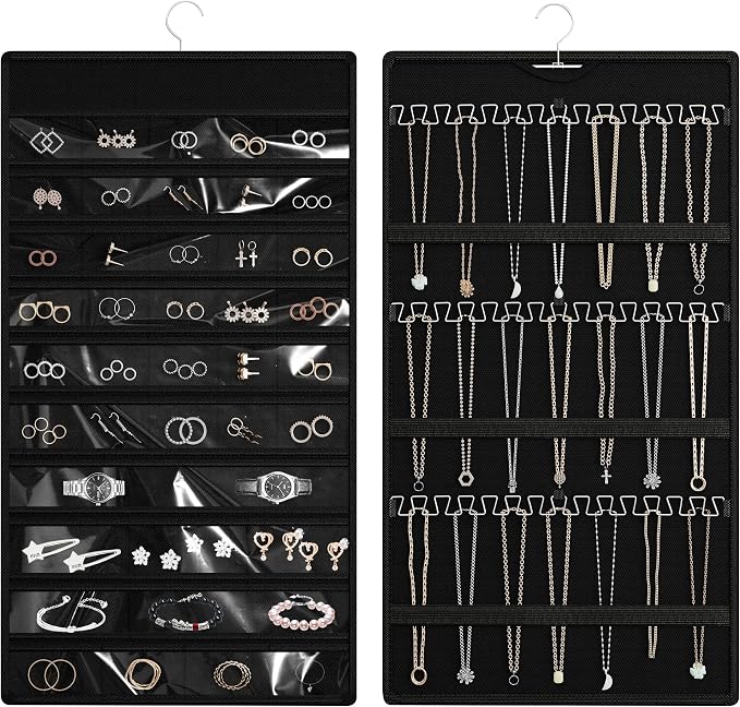 Hanging Jewelry Organizer, Double-Sided Necklaces Holder, Black | 42 clear pockets organize rings & earrings; 36 wire necklace hooks reduce tangles; top hook hangs in closets, walls or doors.