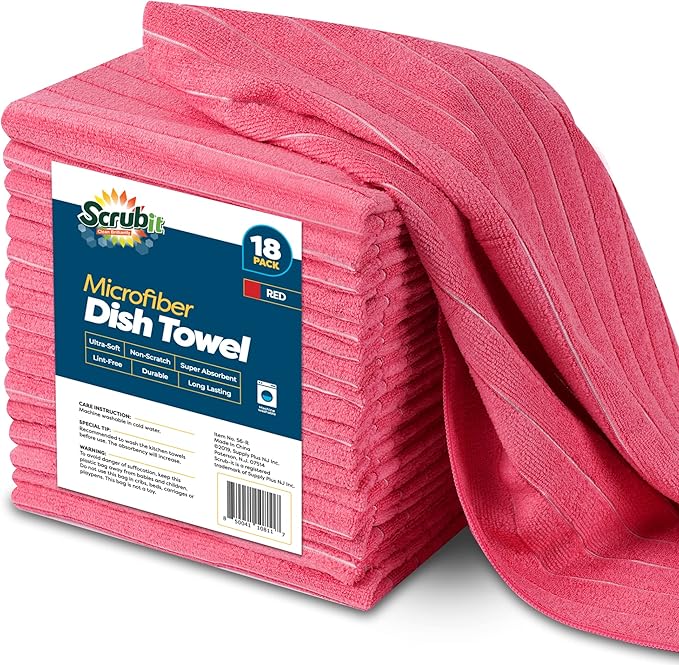 SCRUBIT Microfiber Kitchen Towels - [18 Pack], 18" x 26" Microfiber Cleaning Cloth - Soft, Absorbent & Durable Dish Towels for Washing Dishes – Red Microfiber Towel & Cleaning Rags (Red, 18)