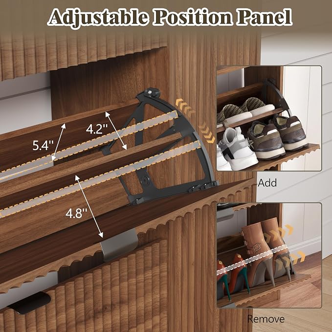 Shoe Cabinet Storage for Entryway with 3 Flip Drawers & Side Cabinet, Fluted Narrow Shoe Organizer with Wooden Leg, Freestanding Shoe Storage Hidden Shoe Rack Organizer for Front Door Entrance, Walnut