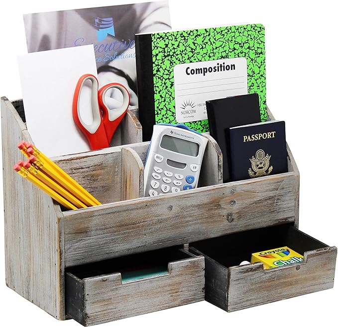 Executive Office Solutions Vintage Rustic Wooden Office Desk Organizer & Mail Rack For Desktop, Tabletop, or Counter - Distressed Torched Wood-Store Supplies, Desk Accessories, Mail – Barnwood (WO3)