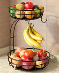 Sevenblue 2 Tier Modern Fruit Basket for Kitchen, Brown, Extra Large | Space-Saving Vertical Storage for Veggies, Bread, Snacks, Fits Under Cabinets, includes 2 banana hooks and protective mats