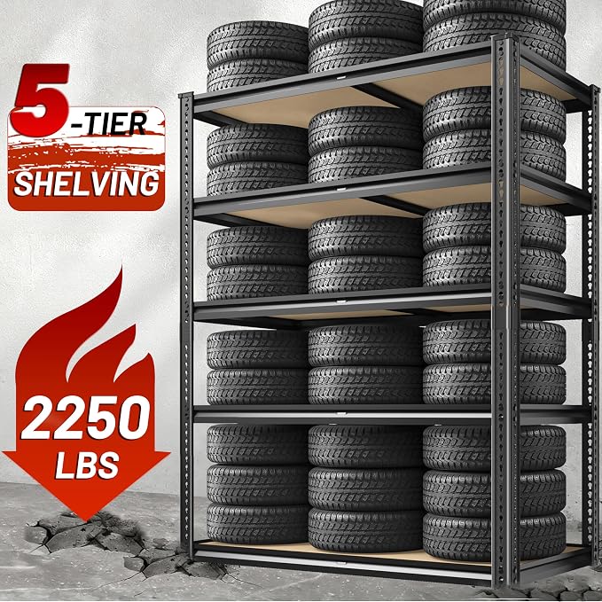 ROOMFAVE 2250LBS Storage Shelves Heavy Duty 5 Tier Garage Storage Shelving, Adjustable Metal Shelving Unit Utility Rack Shelf for Warehouse, Pantry, Closet, 72" H x 35.56" W x 16" D, Black.2PCS