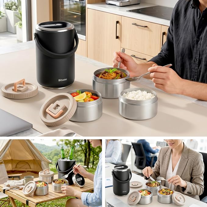 86oz Stainless Steel Vacuum Insulated Food Jar for Hot & Cold Food, Portable 3 Tier Stackable Bento Lunch Box, Wide Mouth Soup Thermos for Adults with Insulated Bag (Black, 86 Ounces)