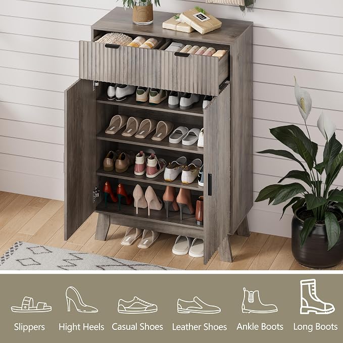 HUANLEGO Shoe Cabinet Storage for Entryway, 4 Tier Fluted Shoe Storage Cabinet with 2 Drawers, Narrow Hidden Shoe Organizer with Adjustable Shelves, Freestanding Shoe Rack for Entryway, Hallway, Grey