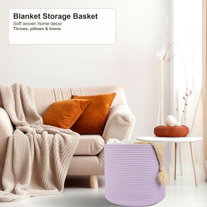 XUANGUO Cotton Rope Woven Basket, 16x14 in Kids Laundry Basket, purple | Round blanket basket and small laundry basket; baby hamper or nursery storage bin for girls, boys, toys, clothes and shoes
