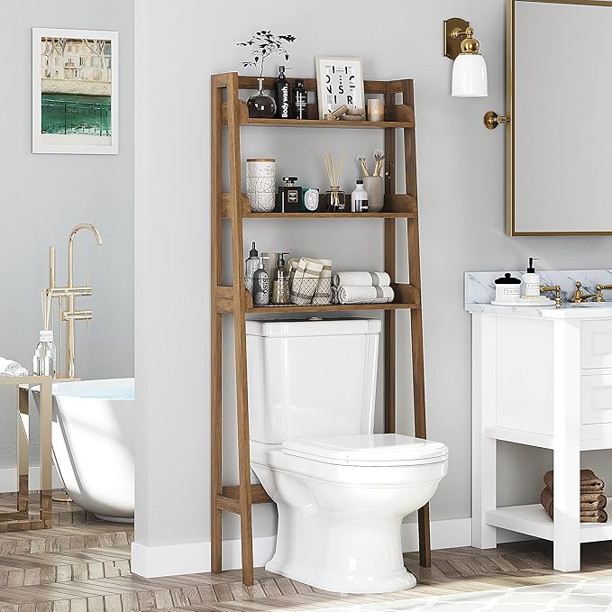 UTEX Over Toilet Bathroom Organizer, 3-Tier Storage Shelf Rack, Wood Grain | Ladder Design, 3 Open Shelves for Towels & Toiletries, FSC-certified Engineered Wood, Adjustable Crossbar, Anti-tip Bracket