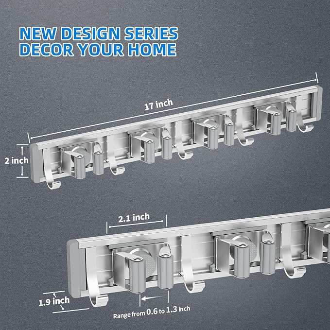 reliahom Broom Holder Wall Mount Mop Hanger Tools organizer 4Racks 5Hooks | Adjustable Stick or Screw Mop Broom Wall Hanging Tool Storage Rack Space-saving for Garage,Kitchen,Laundry Room,Garden,Gray