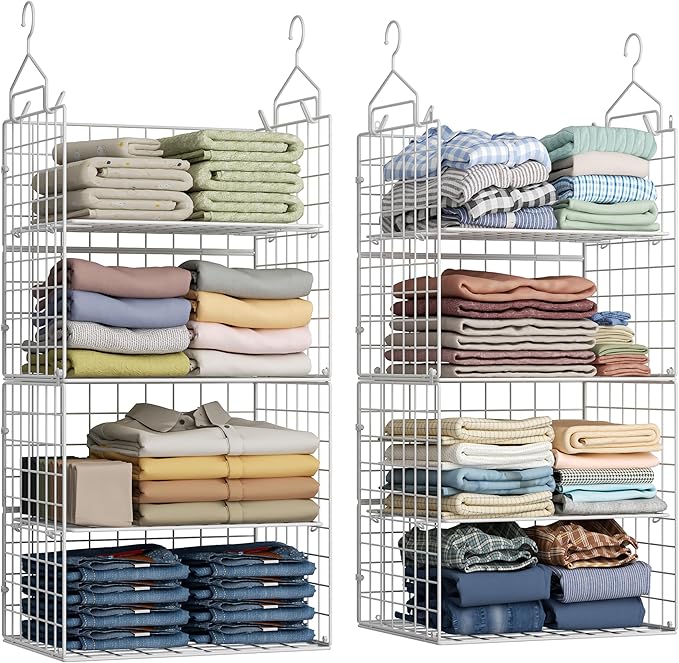 X-cosrack 8-Tier Closet Hanging Organizer Shelf - Hanging Clothes Organizer Shelves, Metal & Foldable Hanging Closet Organizer Baskets with Adjustable Dividers for Clothing Sweaters Shoes Handbags