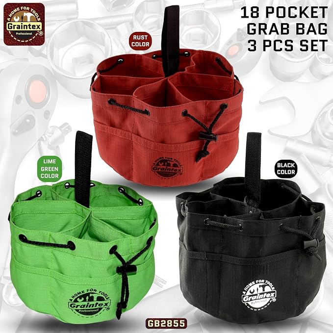 Graintex 18 Pocket Grab Bags Set of 3 Pcs Rip-Stop Canvas, Drawstring Closure, Small Parts Organizer Bag, Small Tools, Screws, Parts, Parachute Tool Bag, Parachute Tool Organizer for Essential Items