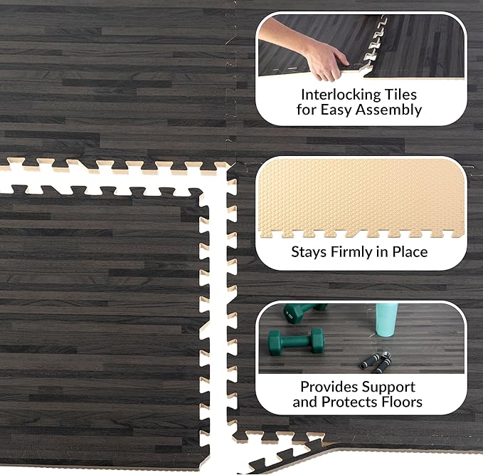 EVA Foam Floor Tiles 12-Pack - 48 SQFT Woodgrain Puzzle Mats for Floor - Interlocking Foam Tiles for Family Room or Gym Flooring by Stalwart (Black)