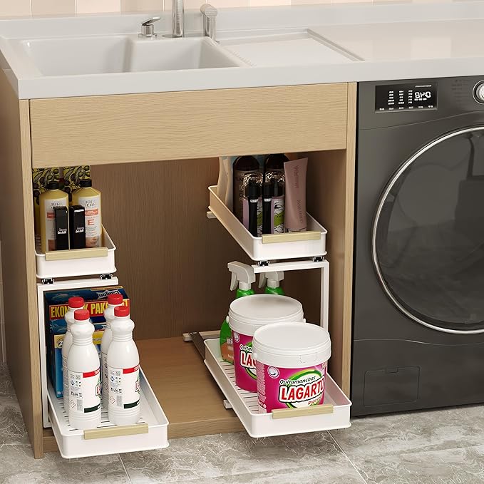 AndUp Under Sink Organizer, 2 Tiers Pull Out Bathroom Organizers and Storage, Slide Out Cabinet Organizer Shelf for Kitchen Bathroom, Multi-Purpose Collection Organizer Drawer Shelf (White, 1pcs)