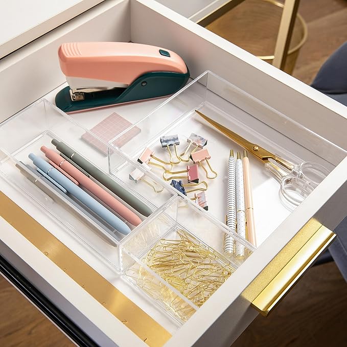 Martha Stewart Brody Desktop Storage Organizer, Stack and Slide Plastic Organizer Tray, Organizer for Office, Kitchen, or Vanity, 1-S, 1-M, 1-L