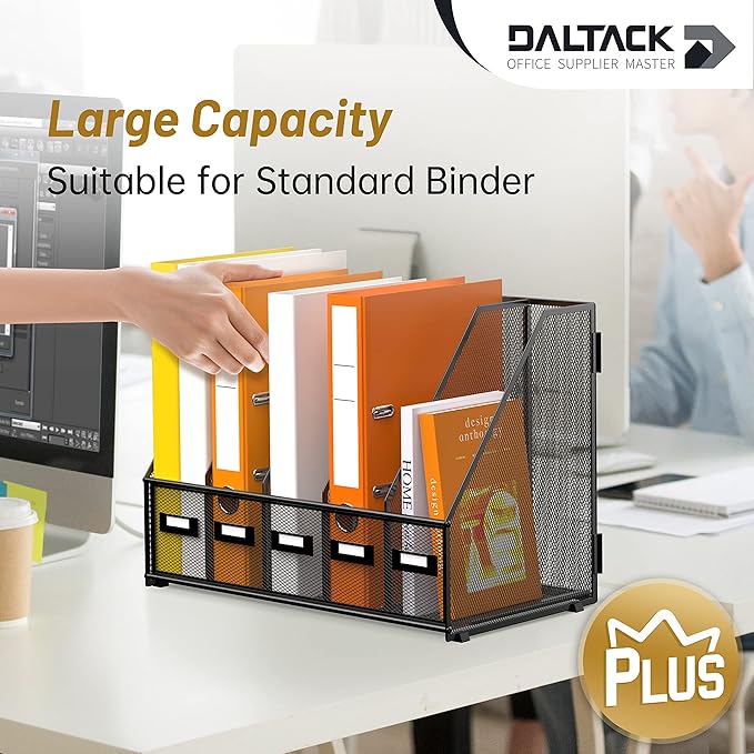 DALTACK Desk Organizers Metal Magazine File Holder with 5 Vertical Compartments Folder Storage Binder Organizer for Office Home School Organization, Black Plus