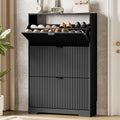 Xixini Shoe Storage Cabinet for Entryway with 3 Flip Drawers, Hidden Slim Wood Shoe Organizer with Modern Fluted Panel, Freestanding Narrow Shoe Rack for Front Door Entrance, Hallway, Foyer, Black