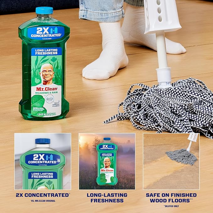 Mr. Clean All Purpose Cleaner, Floor Cleaner for Mopping Home, Bathroom, & Kitchen, Cleaning Liquid for Mop & Bucket, Cleaning Supplies, Multi-Surface Dilutable, Meadows & Rain, 41oz (Pack of 2)