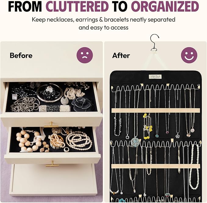 Hanging Jewelry Organizer 34.7 x 17.2 inches XL Size with Clear Pockets & Hooks – Double-Sided Necklace, Earrings & Rings Storage Holder – Space-Saving Closet Organizer for Women