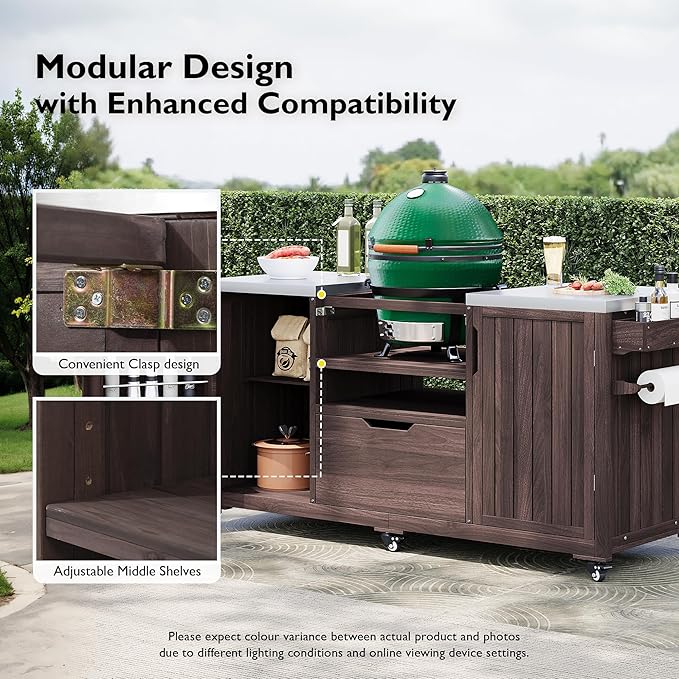 Amposei Outdoor Grill Cart Table for Large Big Green Egg Accessories 66.5’’ Solid Wood Kitchen Storage Island Prep Station with Stainless Steel Top for BBQ, Dark Brown
