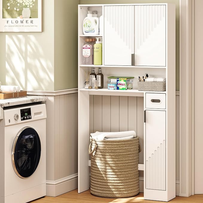 GOODONE White Over The Toilet Storage Cabinet - with 3 Doors and Toilet Paper Holder Stand, FreeStanding, for Bathroom, Restroom, Laundry