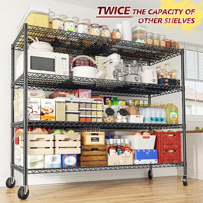 REIBII 75.62" H Storage Shelves 2480LBS Garage Shelving with Wheels Heavy Duty Metal Shelving for Storage Adjustable Pantry Shelf for Kitchen Garage Commercial, 75.62" H X 24.02" D X 55.52" W, 2PCS