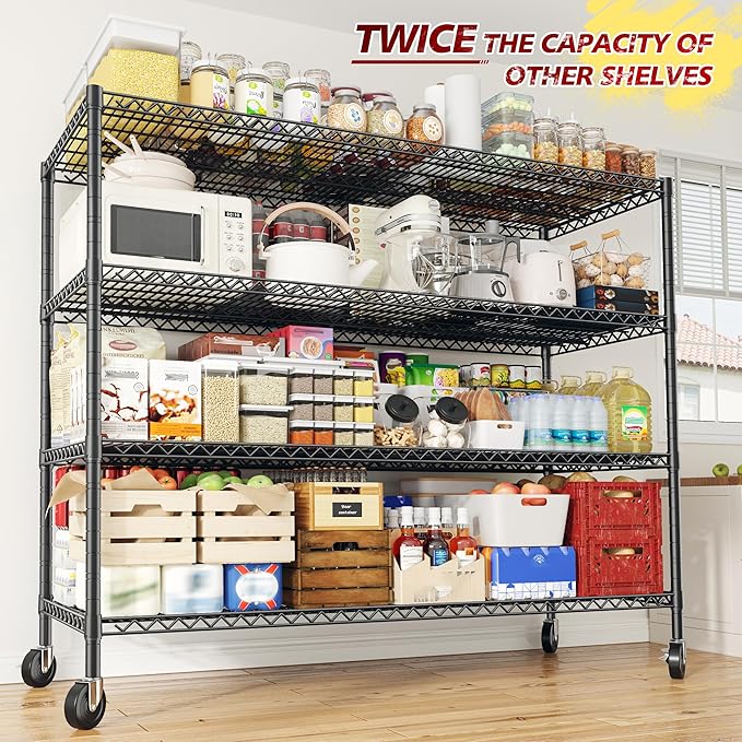 REIBII 55.52''W Storage Shelves 2480LBS Wire Shelving Unit with Wheels Heavy Duty Metal Shelves for Storage Adjustable Garage Storage Rack Pantry Shelf,75.62" H X 55.52''W X 24.02" D,3PCS