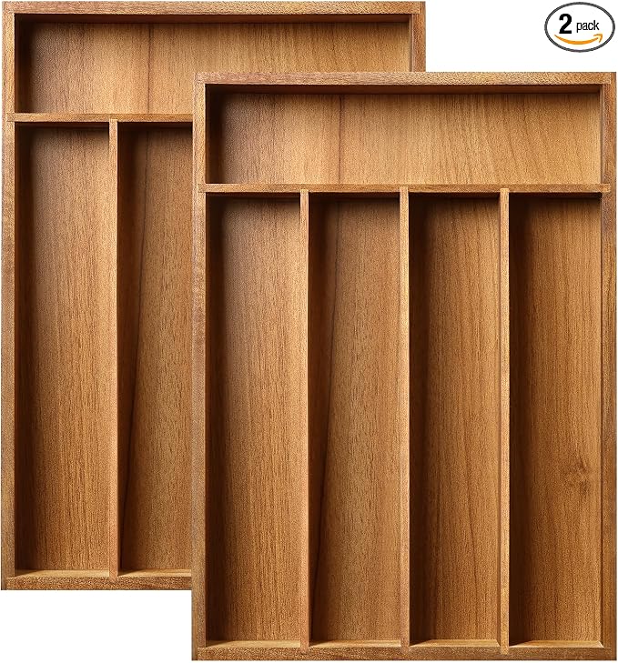 Greenual Acacia Wood Silverware Organizer 10 In Utensil Organizer Silverware Tray for Drawer Cutlery Flatware Organizer for Kitchen 2 Pack