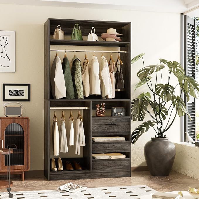 36 Inches Modular Closet Drawers System with Long Hanging Rods, 3FT Wood Closet Organiser with 3 Drawers, Walk-in Freestanding Wardrobe Storage Cabinet with 4 Shelves, Oak (36"L x 15" W x 80" H)