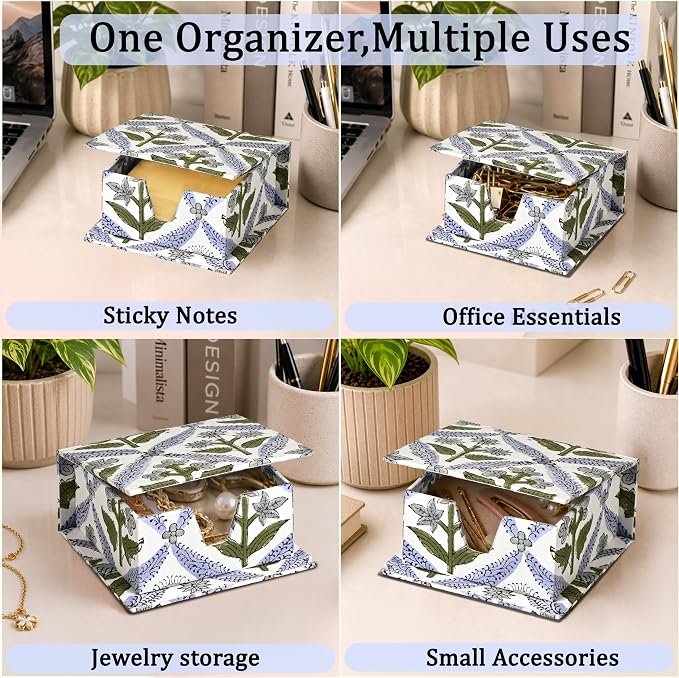 Ridhi Block Print Light Steel Blue Sticky Note Holder Box for Desk, Aesthetic Memo Pad Organizer, Sticky Note Box Decorative Office Accessory, Stationery Gift for Teachers, Students, Professionals