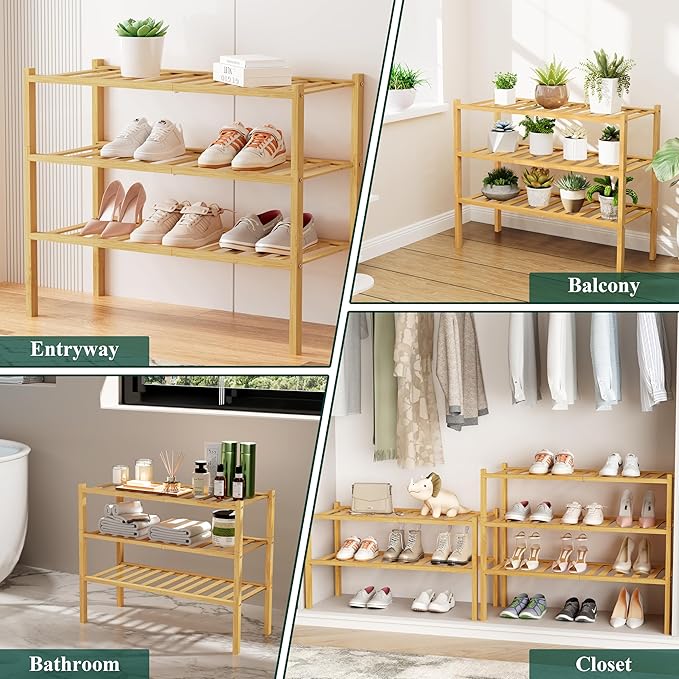 Smiry Small Bamboo Shoe Rack, 6 Tier Free Standing Wooden Shoe Organizer, Stackable Wood Shoe Storage Shelf for Closet, Entryway, 12 Vertical Slats, 2+2+2 Stack Standard Legs, 17.3"x11"x39", Natural