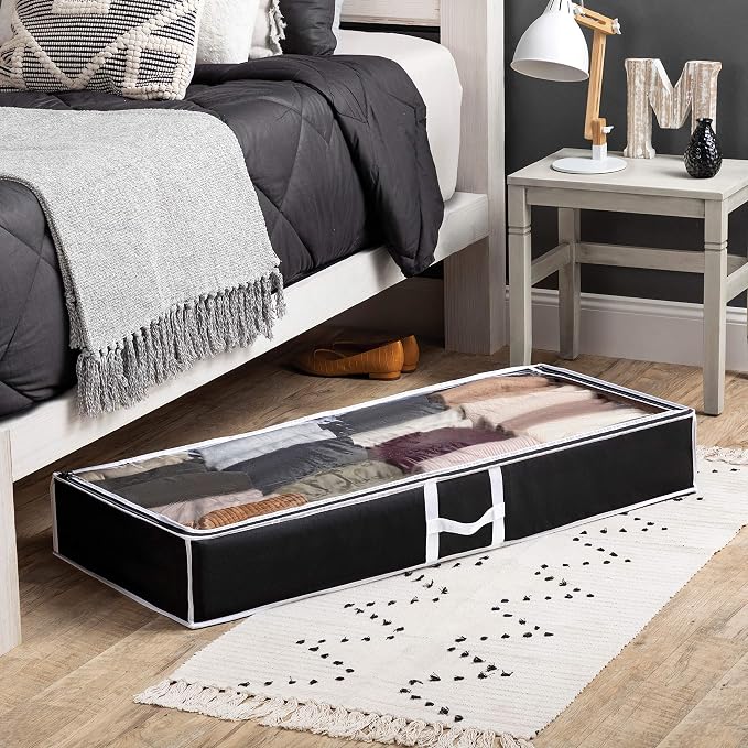 Zober Under Bed Storage - Pack of 2 Storage Containers for Clothes, Blankets, Winter Clothing, & Shoes - With Handles, Dual Zippers, & Clear Top (Black)
