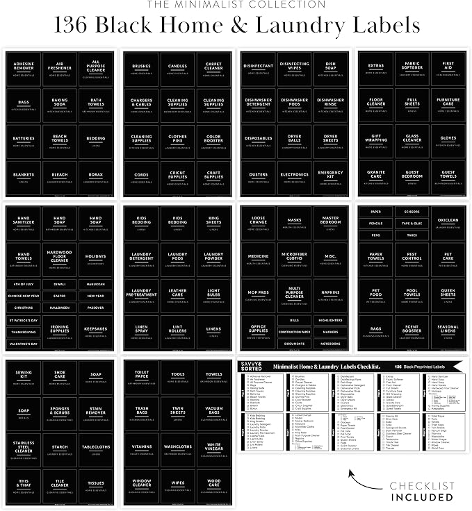 Black Laundry Labels for Jars, 136 Preprinted Home and Laundry Stickers for Storage Bins, Cleaning Jars, Bathroom Spray Bottles, Linen Closet, Household Organization