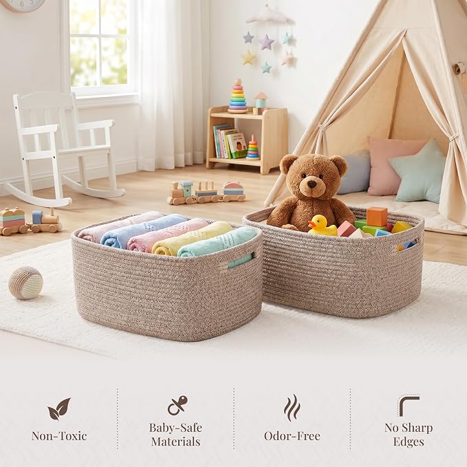 4-Pack Large Woven Rope Storage Baskets, 2 Sizes Organizer Bins | Fabric Cube Boxes and Rectangular Shallow Bins for Closet, Shelf, Bookshelf, Nursery, Changing Table, Bathroom, Toys & Home
