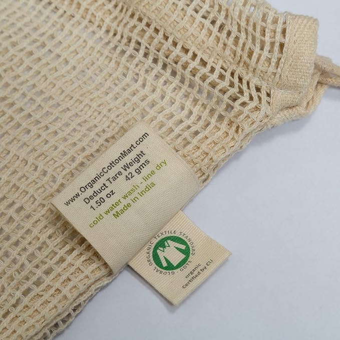Reusable Mesh Vegetable Bags of 100% Organic Cotton - 6 Pieces Perfect Net Produce Bags - Eco-friendly, Bio-degradable & Washable Fruit, Vegetable & Produce Sacks (3 Medium, 3 Small)