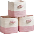 R RUNKA Storage Cube Baskets for Organizing 11 inch-3 Pack- Square Baskets for Cube Storage, Closet Storage Bins - Woven Cube Storage Bins for Shelves- Cube Drawer- Ideal for Toy Storage White & Pink