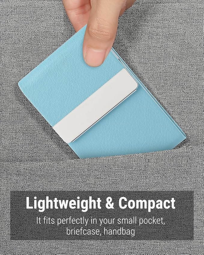 MaxGear Business Card Holder, PU Leather Business Card Case, Light Blue | Stainless Steel Interior, Magnetic Closure, RFID Blocking, Holds 15–25 Standard Business Cards