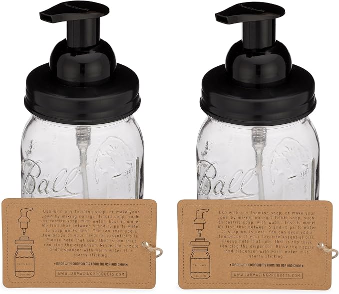 Jarmazing Products Mason Jar Foaming Soap Dispenser - Black - with 16 Ounce Ball Mason Jar - Two Pack!