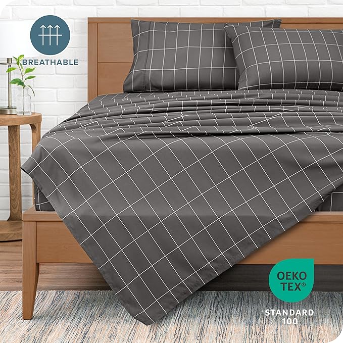Bare Home California King Sheet Set - Luxury 1800 Ultra- Soft Double Brushed Microfiber - Deep Pockets - Easy Fit - 4 Piece Bedding Sheet Set (California King, Grid - Grey/White)