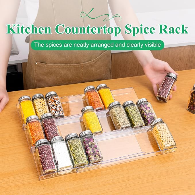 Imncya 8 Pack Clear Spice Drawer Organizer, 4-Tier Expandable Acrylic Spice Rack (13"-26"), Kitchen Seasoning Storage Racks for Drawers and Countertop (Jars Not Included)