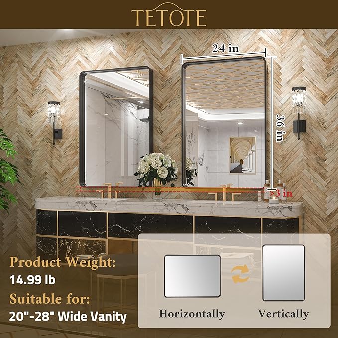 TETOTE 24 x 36 White Frame Mirror for Bathroom Brushed Metal Frame Wall Mounted Rectangle Mirror for Vanity with Sandy Textured Surface(Horizontal/Vertical)