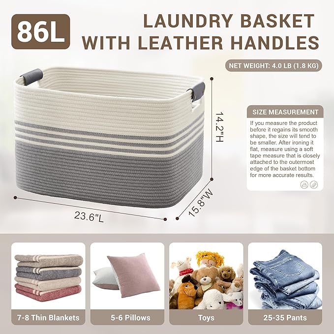 86L Large Woven Laundry Basket Hamper with Leather Handles,Grey | 24"x16"x14", collapsible wicker hamper, storage for dirty clothes, toys, blankets, gifts, living room, bedroom, bathroom