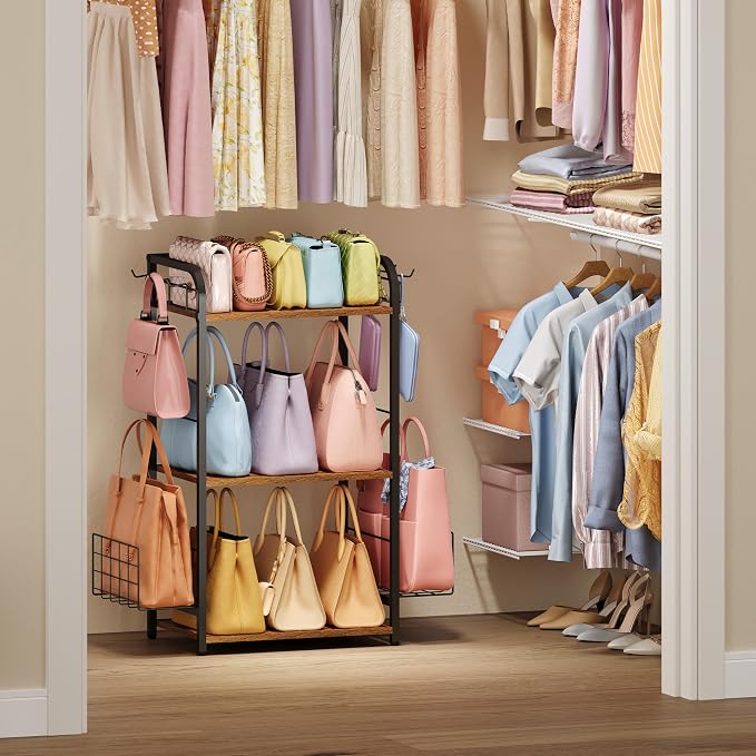 Iron & Wood Floor-Standing 3-Tier Purse Rack with Adjustable Feet, High-Capacity Bag Organizer for Closet, Patent Pending