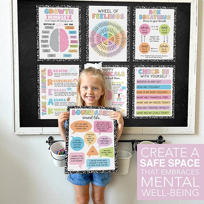 Hadley Designs 9 Mental Health Posters for Classroom - School Counselor Office Must Haves, Mental Health Therapy Office Decor, Growth Mindset Posters, Wheel of Feelings Chart, Pastel Classroom Decor