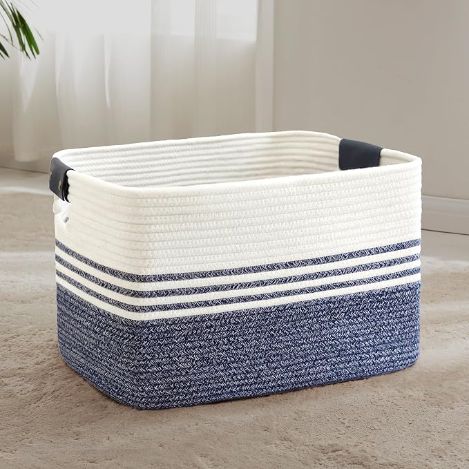 72L Woven Laundry Basket Hamper with Leather Handles,Denim Blue | 22"x17"x12", collapsible wicker hamper, storage for dirty clothes, toys, blankets, gifts, living room, bedroom, bathroom