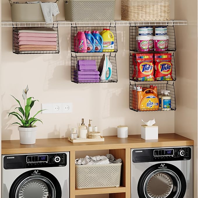 Sonyabecca 3-Pack Hanging Laundry Baskets, Foldable Metal Wire Shelves with 360° Rotating Hooks, Space-Saving Over Washer/Dryer or Closet Storage for Laundry Room & Closet Organization, Black