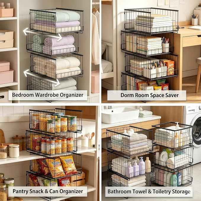 4-Tier Stackable Closet Organizer and Storage Shelves, Foldable Closet Shelf Organizer Storage Bins Closet Storage Organizer for Wardrobe Sweaters Accessories Bedroom Dorm RV Storage(Black)