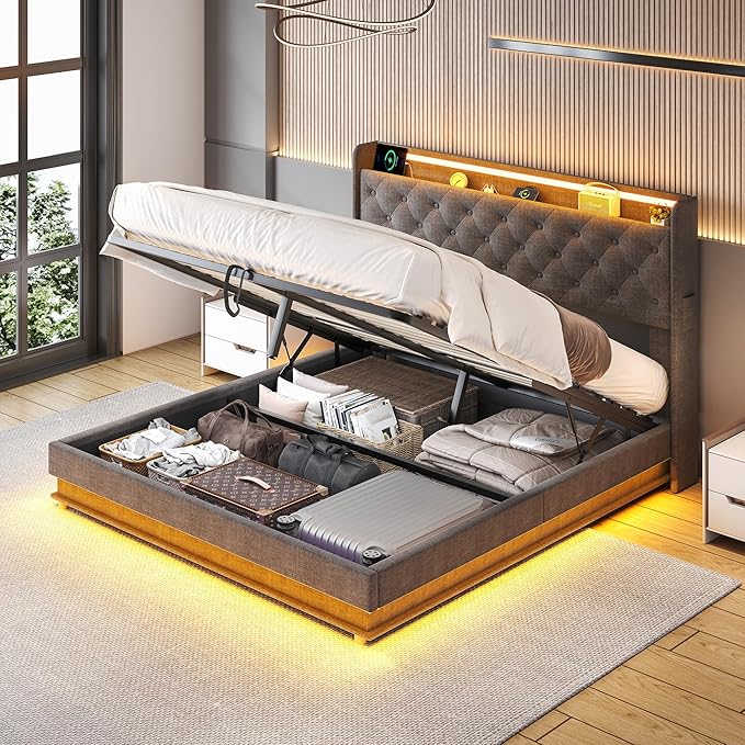 Ailisite Full Size Bed Frame with Headboard, Lift Up Storage Bed Frame with Charging Station&Led Lights,Upholstered Platform Bed with Tufted Wingback Storage Headboard, Hydraulic System,Wood Slat,Grey