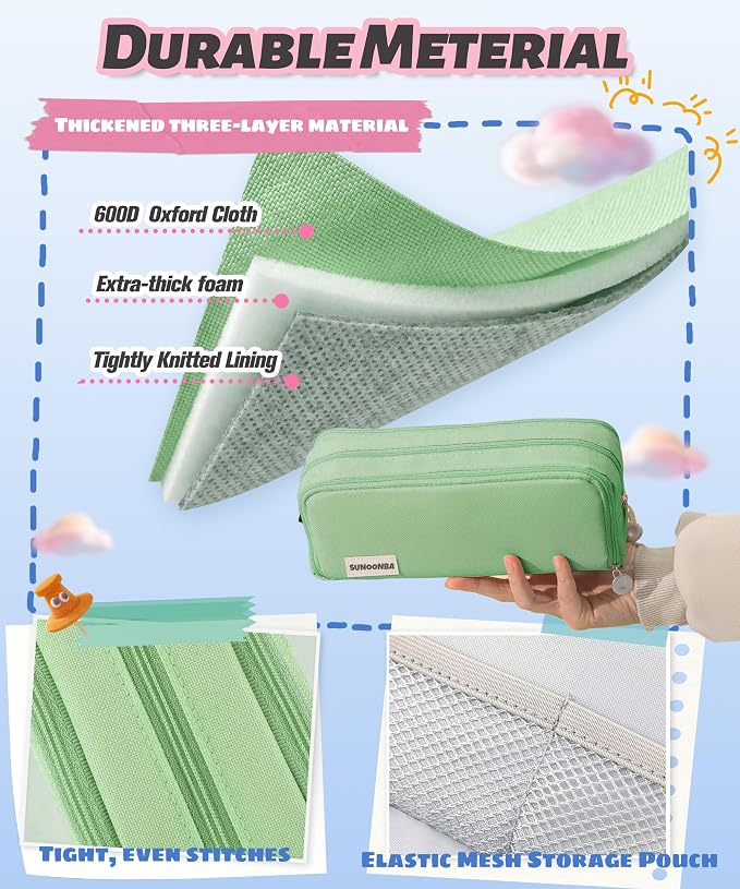 FAHZON Cute Pencil Case, 3 Large Compartments Pencil Pouch, Elastic Pen Slots&Mesh Pockets for Stationery, Pencil Bag for School Supplies with Zipper for Girls Boy Women Teens Adults-Green