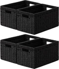 joybest Black Wicker Baskets for Shelves, 13.4L x 8.3W x 7.1H inch Hand-woven Storage Baskets for Pantry Organizing, Foldable Rectangular Bin with Handles, 4-pack