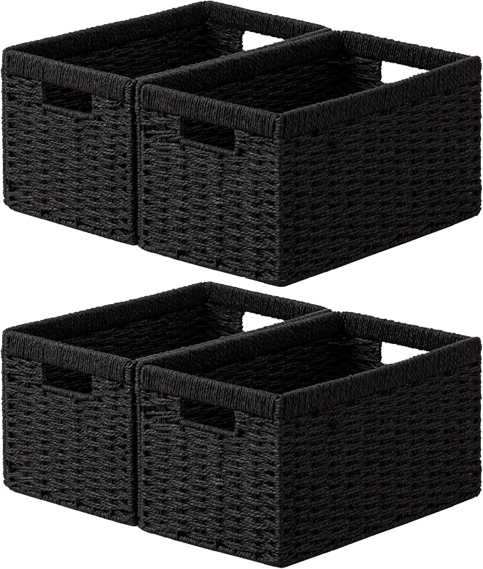 joybest Black Wicker Baskets for Shelves, 13.4L x 8.3W x 7.1H inch Hand-woven Storage Baskets for Pantry Organizing, Foldable Rectangular Bin with Handles, 4-pack